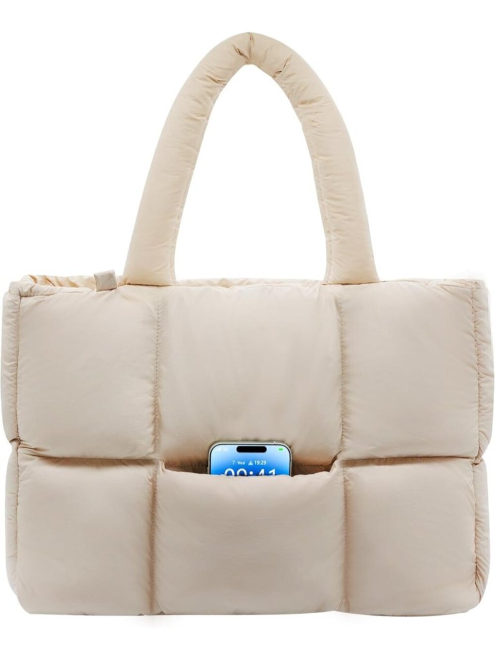 Women's Beige Lightweight Puffer Tote Adjustable Shoulder Strap Handbag